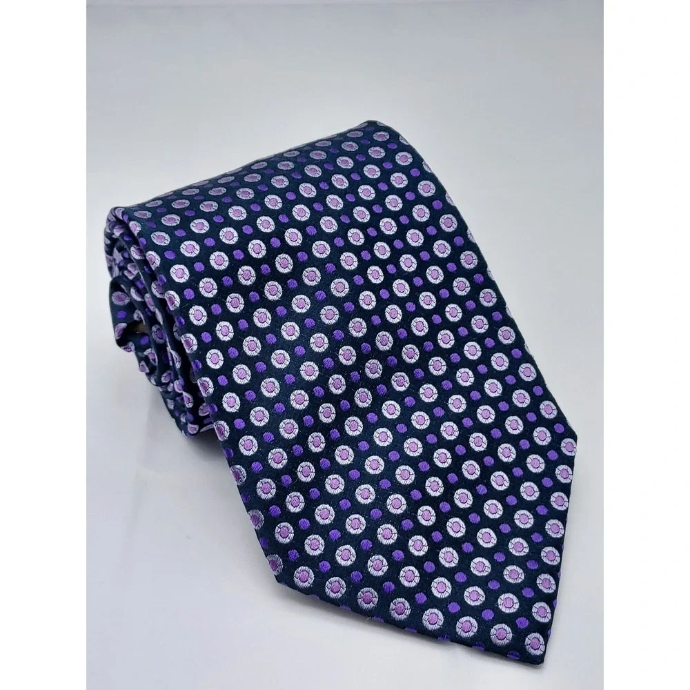 Roberto Villini Collezione Mens Silk Tie Purple Grey Geometric Medallion Navy